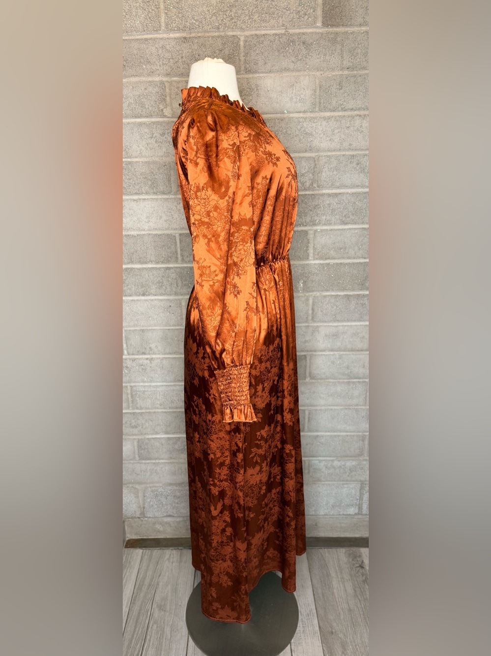Rust Satin Jacquard Midi Dress Puff Sleeve Mock Neck Cottagecore Boho - Picture 8 of 14